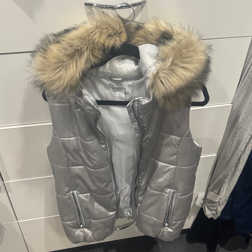 Liz Claiborne Silver Puffer Vest with Faux Fur Hood